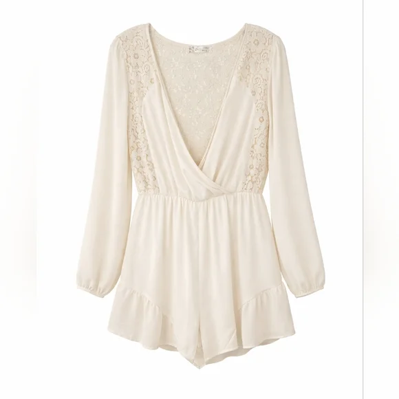 Miin Ivory Lace Long Sleeve Romper Size L Boho Bridal Chic Romantic One Piece - Picture 3 of 16